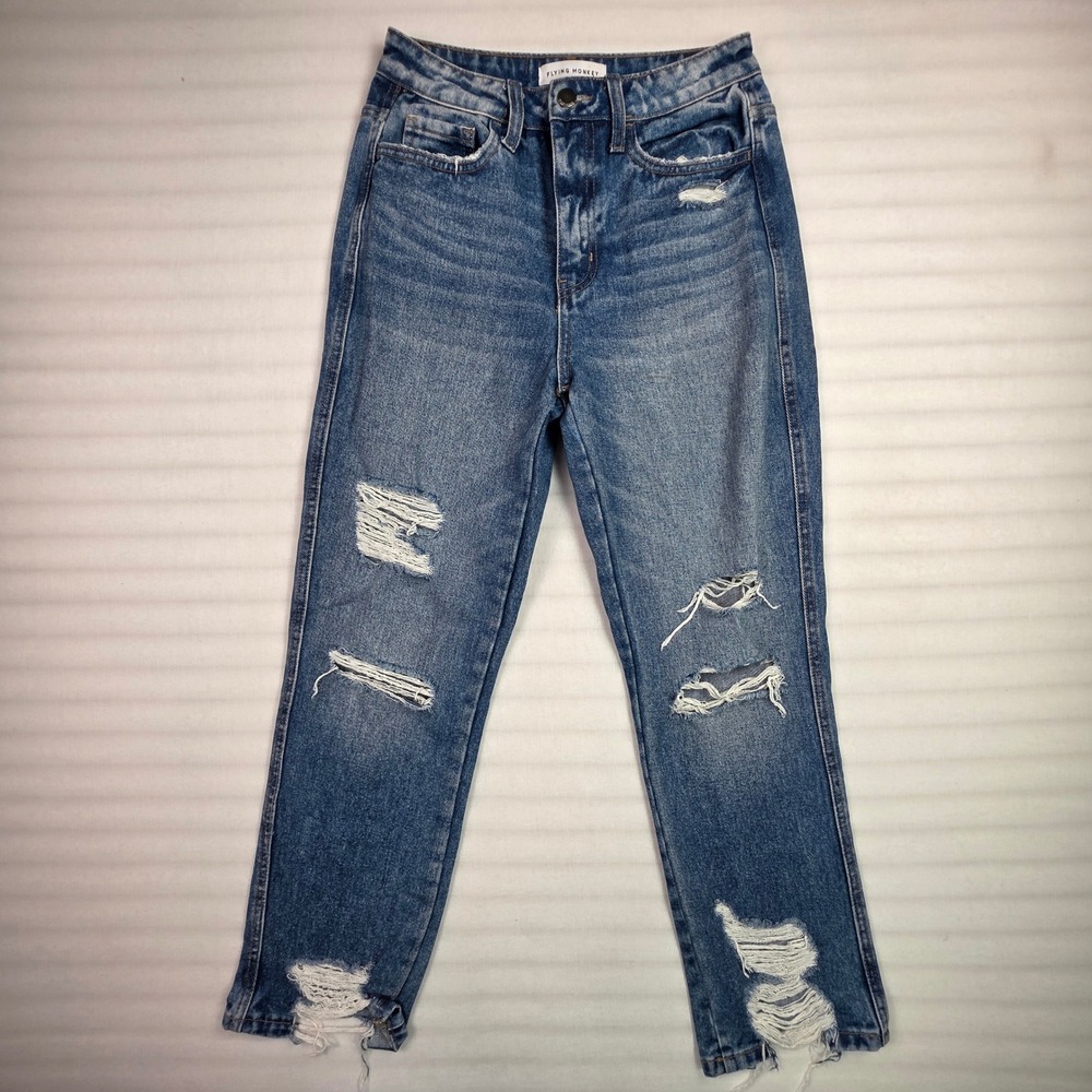 Flying Monkey Ultra High Rise Straight Distressed Jeans Blue Size 24 Raw Hem